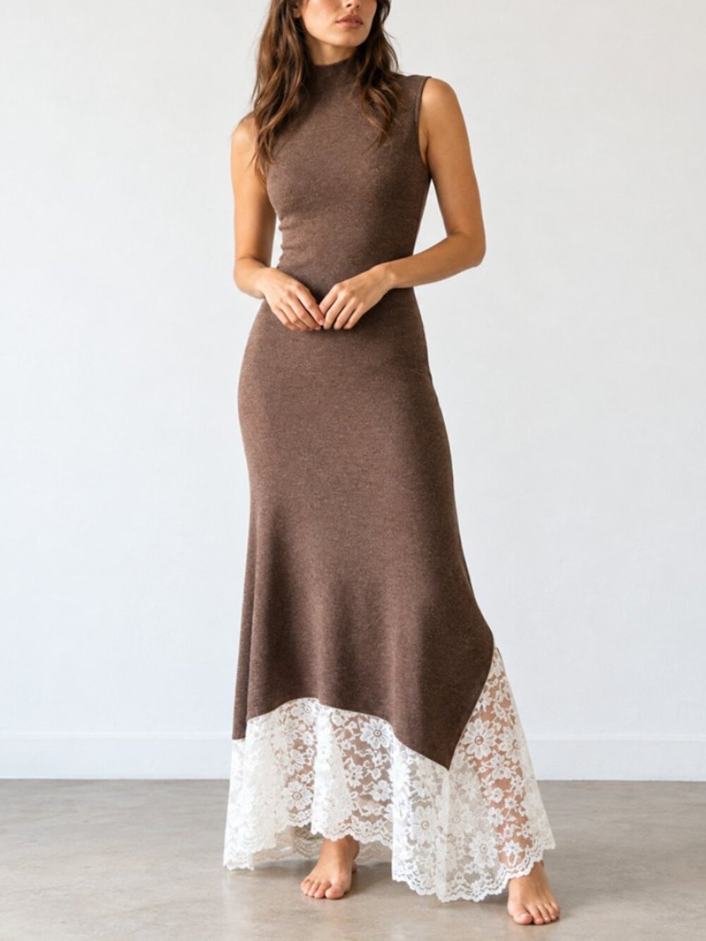 ZARA Brown Knit Lace Trim Combination Maxi Dress NWT Size M